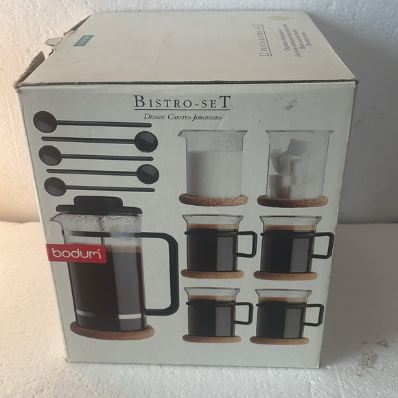 Vintage Bodum coffee glasses cork coasters bistro sugar creamer spoons Jorgensen - Picture 2 of 16